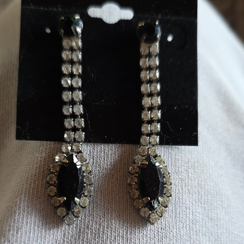 Rhinestone Drop Earrings. (pierced)  Combination Of Clear And Dark Blue Stones.